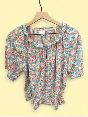 MELLODAY Floral Ruffle Tie-Neck Blouse - Coral, Aqua, Yellow